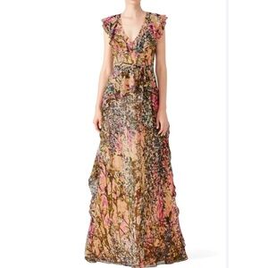 Badgely Mischka Size 6 Multi Printed Peach Maxi